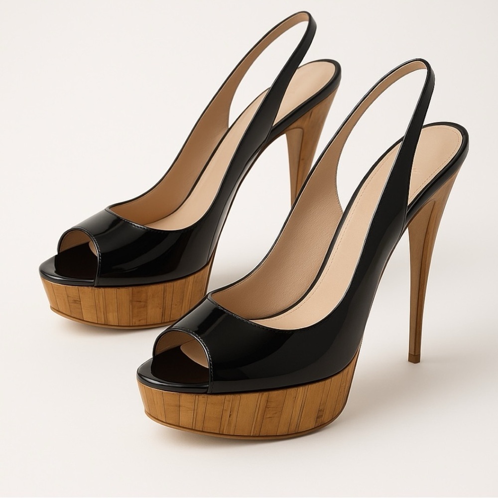 Miu Miu Bamboo Slingback Patent Leather Peep Toe Platform High Heel Sandals NEW